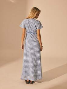 Aralina V领短喇叭袖荷叶边长连衣裙 - 藍白色 - 查看 2
