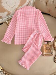 2pcs Girls Elegant Textured Fabric Frill Trim Pink & White Plaid Long Sleeve Top And Pants Pajama Set Pajama Set Pink Gingham - Pink - View 2