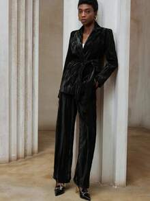 Aveloria Modichic 2pcs Women's Fashion Versatile Velvet Padded Shoulder Blazer Jacket And Casual Pants Set - Black - View 5