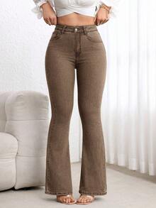 SHEIN Tall Casual Washed High Waist Flare Leg Jeans - Coffee Brown - View 3