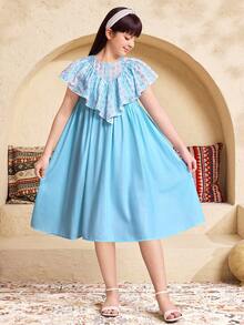 SHEIN Đầm ngắn tay dáng suông họa tiết hoa cho bé gái tuổi teen. - Màu xanh lam - Xem 3