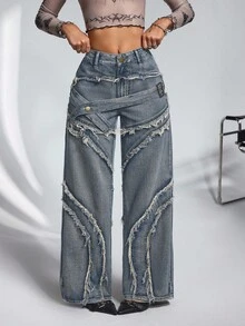 Jeanoix Jeans anchos de pierna casual lavados y deshilachados para mujer - Azul - Ver 4