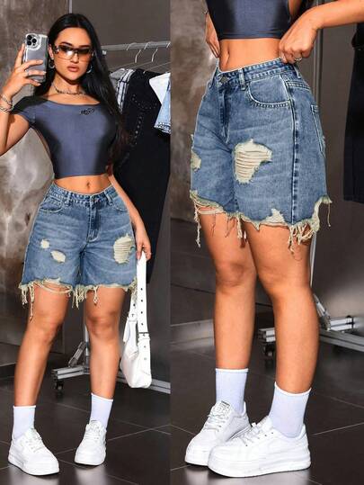 SHEIN Tall Shorts vaqueros de mujer con efecto desgastado de moda