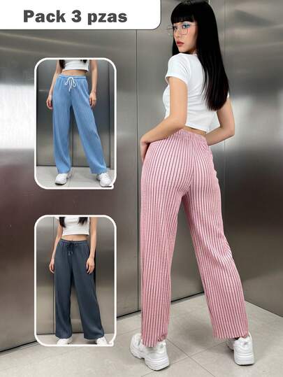 Set de 3 pantalones de pierna ancha para mujer, multicolor, clásicos y casuales, tela viscosa y nailon, aptos para temporadas de primavera y verano, ajuste de cintura natural con resorte ligero y cordón para un mejor ajuste. Bolsillos laterales funcionales. Interior muy suave, fresco y ligero con tu piel. Te llegarán 3 pantalones en colores al azar.