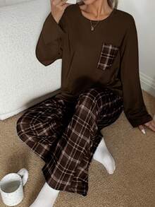 SHEIN Women's Casual Loose Plaid Print Round Neck Pajama Set - Coffee Brown - View 6
