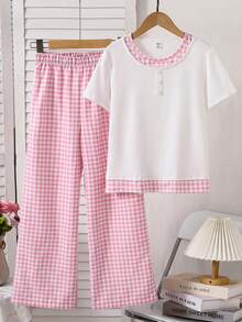 2件套女童休闲白色短袖上衣和粉色格子裤家居服套装，舒适百搭，适合日常穿着，春夏款 - 粉色 - 查看 8
