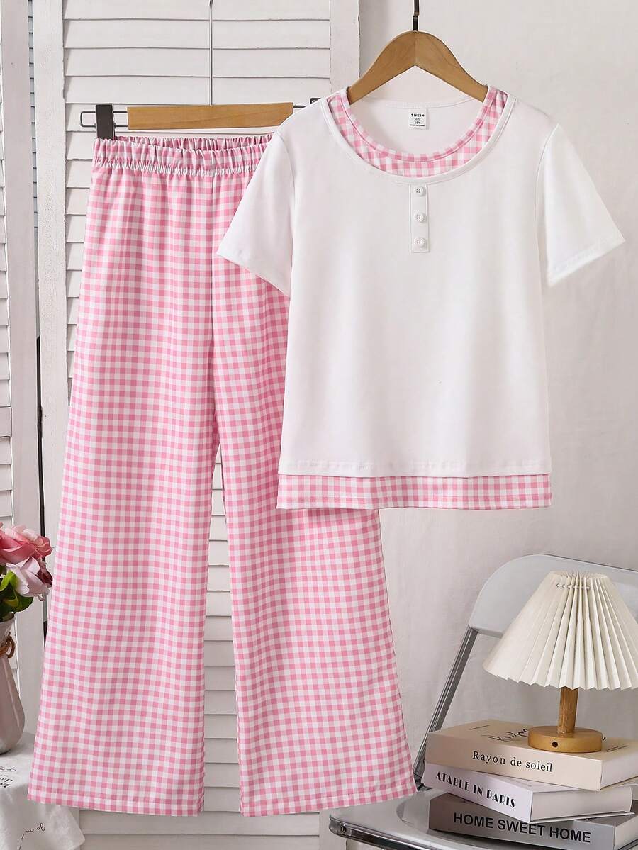 2件套女童休闲白色短袖上衣和粉色格子裤家居服套装，舒适百搭，适合日常穿着，春夏款 - 粉色 - 查看 1