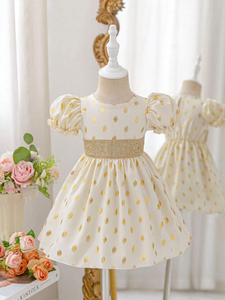 SHEIN Glamorique Kids Baby Girls' Elegant Champagne Gold Foil Puff Sleeve Round Neck Cinched Waist Luxurious Ruffle Hem Dress - Apricot - View 1