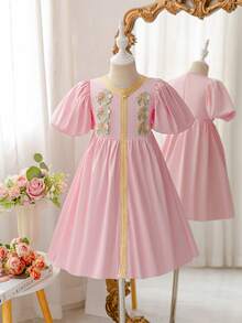 Glamorique Kids Young Girls' Retro Style Puff Sleeves V-Neck Pink Dress - Pink - View 1