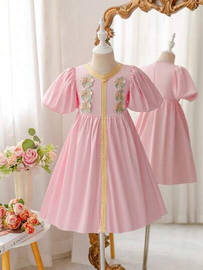 Glamorique Kids 少女复古风泡泡袖V领粉色连衣裙