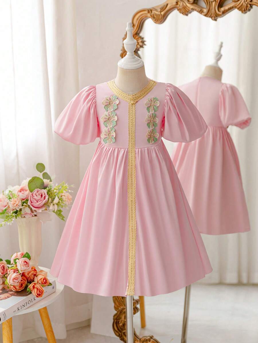 Glamorique Kids Young Girls' Retro Style Puff Sleeves V-Neck Pink Dress - Pink - View 1
