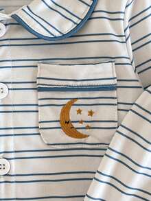 两件套男婴套装，时尚蓝白条纹印花，带可爱口袋、星星月亮刺绣，长袖开衫和休闲裤，家居服套装