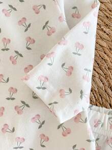 3pcs Newborn Baby Girls Cherry Print Outfit Set - Cherry Embroidered Smile Footie Pants And Headband - White - View 5