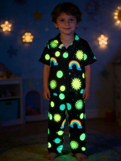 Young BoyColorful Galaxy, Sun, Neon Print Glow-In-The-Dark Collar Cardigan Short Sleeve Pajama Set