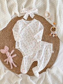 3pcs Newborn Baby Girls Cherry Print Outfit Set - Cherry Embroidered Smile Footie Pants And Headband - White - View 6