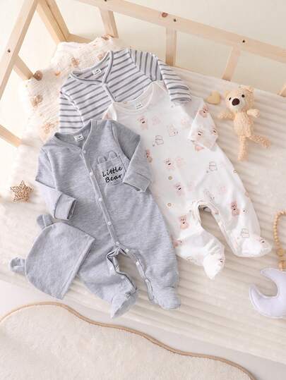3件套新生儿卡通熊条纹纯色连体衣