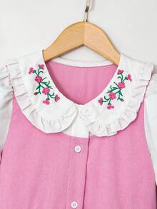 Tween Girls Cute Peter Pan Collar Embroidered Contrast Color Dress - Pink - View 6