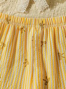 Set de 2 piezas para niñas jóvenes con top de tirantes con estampado de rayas y moño, y pantalones de pierna ancha con volantes, dulce y fresco, para verano - Amarillo - Ver 4