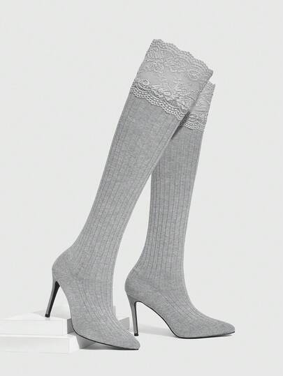 CUCCOO SZL Damstövlar med kontrasterande spets, ribbade detaljer och spetsig tå, överknät, höga klackar, lämpliga för dagligt bruk.
