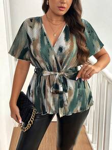 Vionelle Plus Size Tie Dye Elastic Pleated Fabric V-Neck Short Sleeve Flare Sleeve Cinched Waist Hem Blouse For Women Vacation Summer Top V Neck Blouses For Women Women Vacation Outfit Sets Wrap Tops For Women Women Summer Blouse Top Sexy Blouse For Women - Green - View 3
