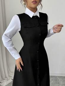 Elenzga 新款女士圆领无袖仿毛皮斜纹面料开襟假口袋A字春秋季休闲度假通勤百搭优雅长裙 - 黑色 - 查看 3