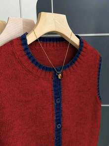 Franclia French Retro Loose Round Neck Sleeveless Contrast Trim Khaki Women Sweater Vest, Suitable For Autumn/Winter Women Outfits - Red - View 5