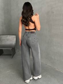 EURMUSE WOMEN WIDE LEG MID WAIST JEANS - Grey - View 2