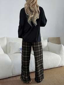 Dream Adore Women's Casual Loose Plaid Print Round Neck Pajama Set - Black - View 2