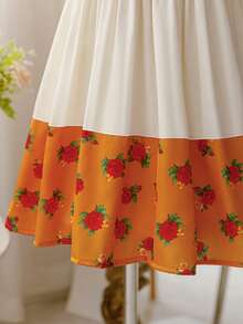 Glamorique Kids 少女碎花印花方领荷叶边短袖复古连衣裙 - 杏色 - 查看 7