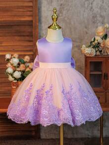Glamorique Kids 四季皆宜的女婴花童婚礼礼服，无袖蕾丝薄纱裙，紫色和粉色撞色蝴蝶结露背优雅公主裙