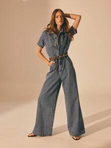 Aralina Women's Summer / Winter Denim Casual Short Sleeve Long Leg Jumpsuit, Y2K Stockholm Style Streetwear