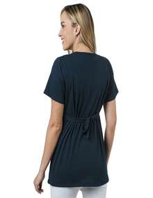 Blusa maternidad lactancia amamantamiento premamá embarazo embarazada mujer dama lisa manga corta cuello redondo moño decorativo frontal detalle rayas apertura frontal oculta para lactancia corte amplio cómoda suave fresca ligera casual diario posparto crianza outfit femenino moderno versátil holgada crecimiento pancita primavera verano otoño invierno - Azul marino - Ver 2