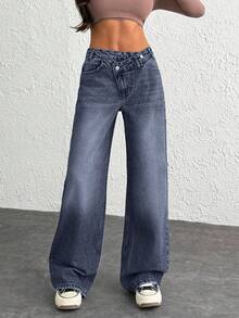 WOMEN CLASSIC HIGH WAIST WIDELEG MEDIUM WASH DENIM JEAN ASYMETRIC WAIST Y2K
