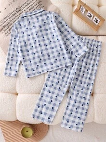 2件套蓝色绅士格子长袖休闲舒适男童睡衣套装 - 藍色 - 查看 2