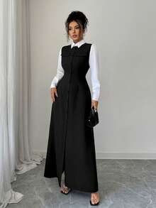 Elenzga 新款女士圆领无袖仿毛皮斜纹面料开襟假口袋A字春秋季休闲度假通勤百搭优雅长裙 - 黑色 - 查看 5