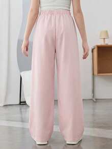 SHEIN Tween Girls Woven Butterfly Placement Print Loose Wide Leg Black Casual Pants, Suitable For Spring Outing, Countryside, Afternoon Tea In The Garden, Casual Outings, Back To School, Mommy And Me Matching Outfits - Baby Pink - View 2