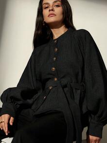 Aveloria Modichic 立领长袖人字纹衬衫，腰部系带设计，宽松版型，小众风格外套 - 黑色 - 查看 5