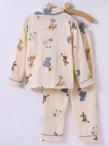 Young Boy 2pcs Beige Soft Fabric Animal Print Lapel Shirt And Casual Pants Loungewear Set - Multicolor - View 2