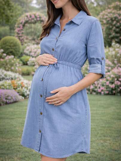 Vestido maternidad premamá embarazo embarazada mujer dama vestido tipo camisero botones frontales funcionales cuello clásico manga tres cuartos ajustable cintura elástica con cordón corte imperio falda recta holgado cómodo tela suave ligera outfit casual elegante femenino moderno juvenil versátil ropa de embarazada crecimiento pancita prenatal denim mezclilla posparto uso diario paseo salida trabajo brunch evento primavera verano otoño invierno