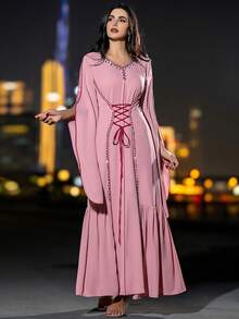Layrah Women's Handmade Beaded Back Drawstring Abaya Kaftan Jalabiya Dress Long Sleeve Long Dress Abaya Dress For Evening Party - Pink - View 1