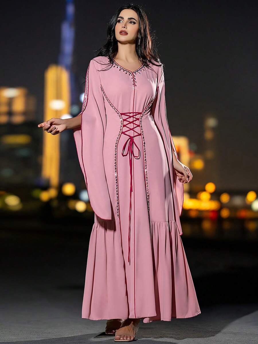 Layrah Women's Handmade Beaded Back Drawstring Abaya Kaftan Jalabiya Dress Long Sleeve Long Dress Abaya Dress For Evening Party - Pink - View 1