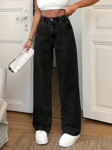 EURMUSE 100% Cotton Elastic Belt Detailed Straight Cut Jean - Black - View 6