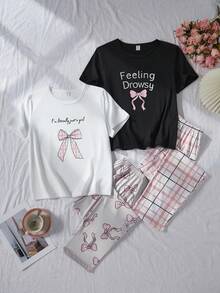 2pcs/Set Teenage Girls' Casual Cute Bow Plaid Print Short Sleeve Top And Pants Pajama Set