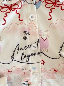 2pcs Baby Girls Cute Rabbit Bow Floral Print Doll Collar Ruffle Trim Long Sleeve Top And Pants Homewear Set - Apricot - View 4