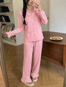2pcs Girls Elegant Textured Fabric Frill Trim Pink & White Plaid Long Sleeve Top And Pants Pajama Set Pajama Set Pink Gingham - Pink - View 3