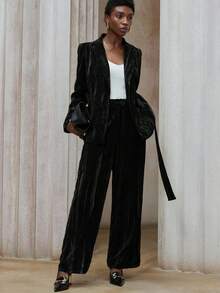 Aveloria Modichic 2pcs Women's Fashion Versatile Velvet Padded Shoulder Blazer Jacket And Casual Pants Set - Black - View 4