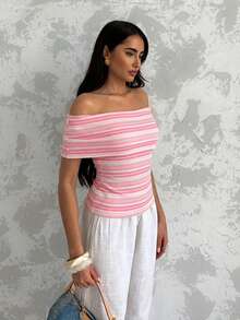 Glamine Women's Summer Vacation Asymmetric Neck One Shoulder Pleated Fitted Striped Sleeveless Top Striped Tube Top - Pink - View 6