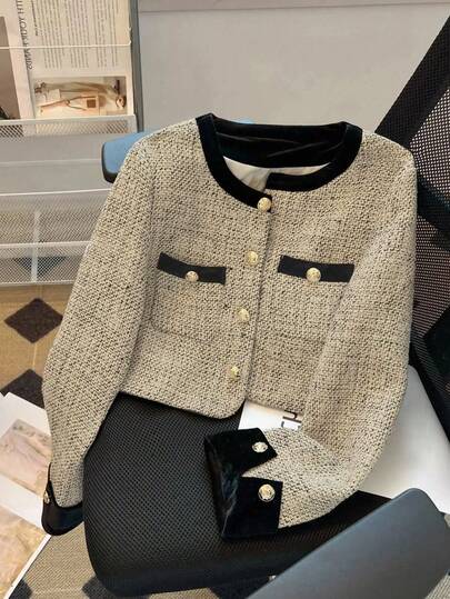 Franclia 女士优雅通勤款前开襟长袖夹克，撞色滚边，秋季款