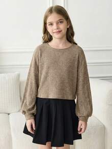 SHEIN Tween Girl Student Clothes, Lantern Sleeve Basic Style, Back To School, Opening Ceremony, Daily Wear, School, Travel, Sports, Winter - Camel - View 4