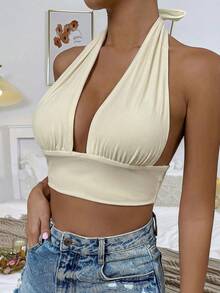 Glamine Women's Simple Solid Color Halter Cropped Tank Top, Summer - Apricot - View 5